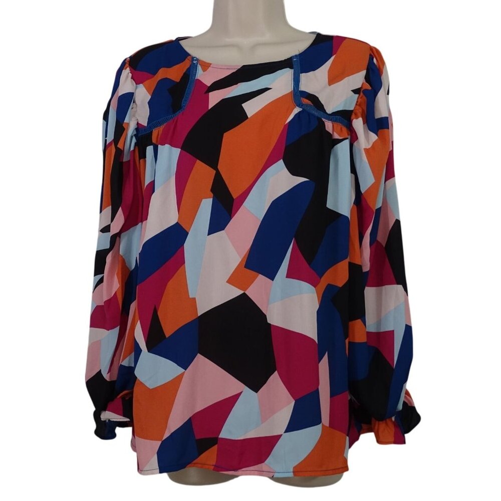 Multicolor Geometric Print Long Sleeve Blouse Top Women Size M Black Blue Orange